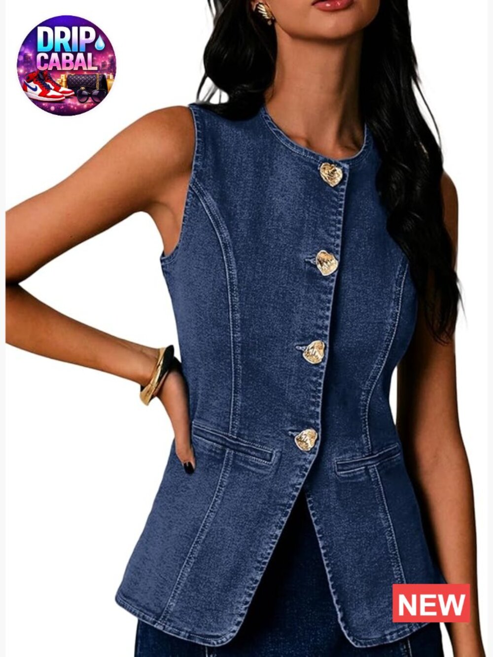 Slim-Fit Button Front Denim Vest Sleeveless Y2K Casual Blazer Top